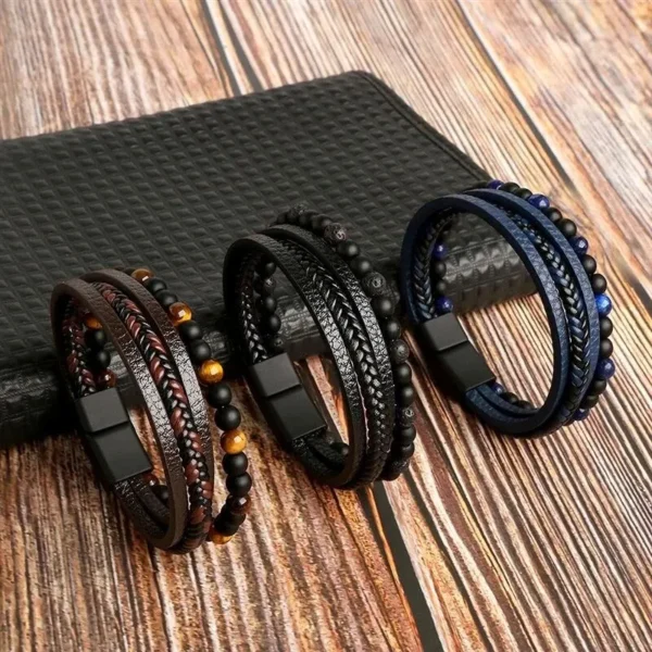 Men Leather Bracelet Classic Fashion Tiger Eye Beaded Multi Layer Leather Bracelet For Men Jewelry Gift