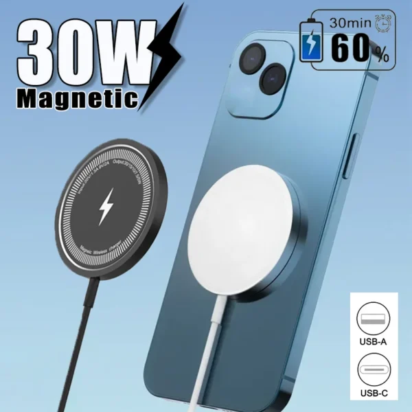 Magnetic 30W Wireless Charger Fast Charging Pad Stand for iPhone 15 14 13 12Pro Max Airpods PD USB A Phone Chargers Dock Station