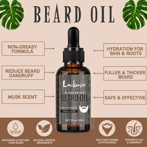 LOCKMIO Natural Beard Oil for Men Vanilla Scent Hydrates Repairs Beard Roots Growth Fuller Thicker Styling Care - Image 3