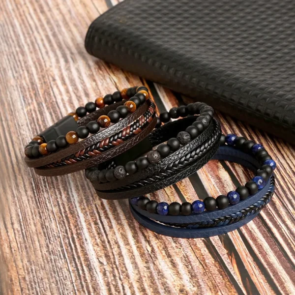 Men Leather Bracelet Classic Fashion Tiger Eye Beaded Multi Layer Leather Bracelet For Men Jewelry Gift - Image 3