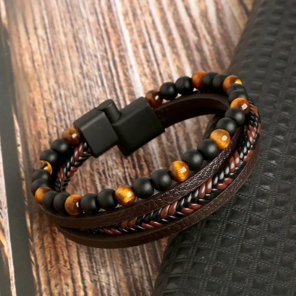 Men Leather Bracelet Classic Fashion Tiger Eye Beaded Multi Layer Leather Bracelet For Men Jewelry Gift - Image 5